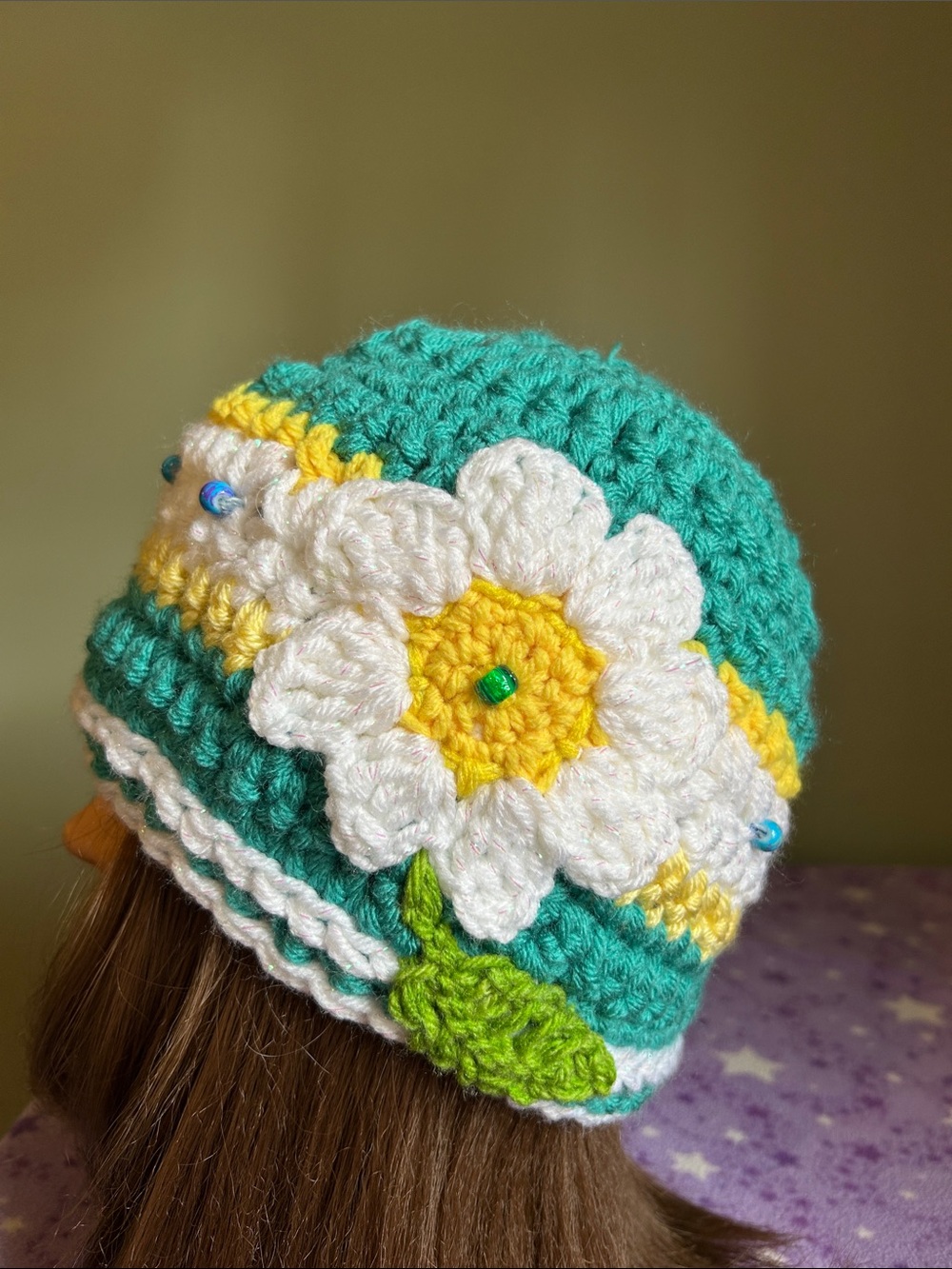 Handmade jade Crochet  hat medium Flower Beanie with White & Yellow Daisy
